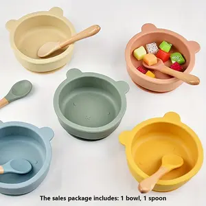 Baby Feeding Bowl & Spoon Set, 2 Counts/set Silicone Suction Cup Bowl & Spoon, Baby Feeding Utensils, Baby Tableware Set