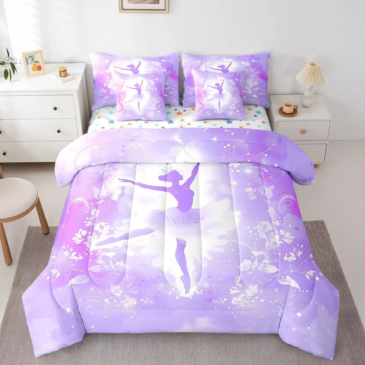 Kids Ballet Dancer 7 Pieces Bedding Set,Ballerina Comforter Set with Sheets Dreamy Princess Bed in A Bag Glitter Floral Bed Set Bedroom Decor 7Pcs