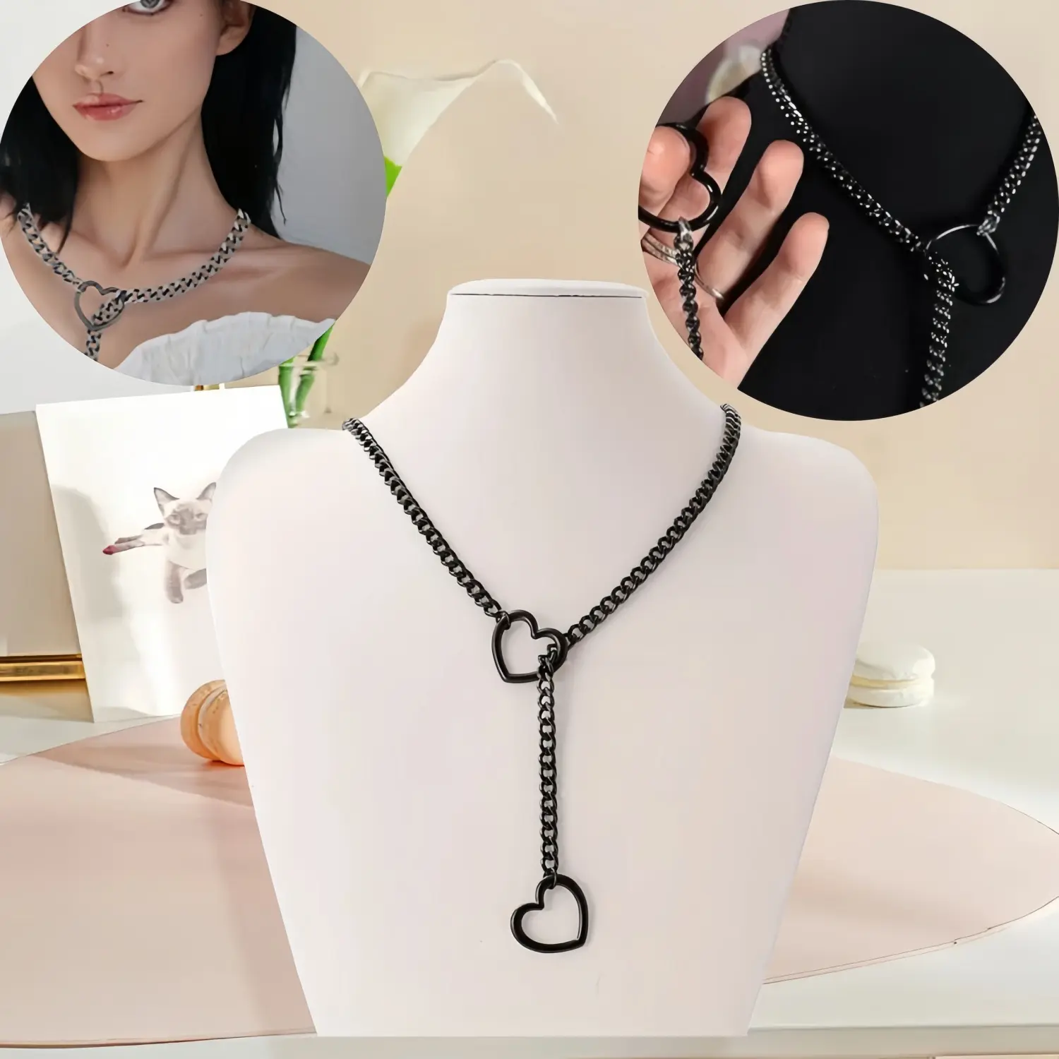 Women's 2-Piece Adjustable Slip-On Necklaces - O-Ring Chain, Heart-Shaped Pendant Collarbone Chain, Gothic Cuban Y-Necklace, Unisex Punk Rock Costume Jewelry, Ideal for Daily Wear, Parties, Birthday Gifts