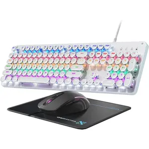 Mechanical Gaming Keyboard and Mouse, Metal Panel Retro Keyboard with Round Keycap Blue Switch, Rainbow LED Backlit 104-Key Anti-Ghost Wired Mouse and Pad Combo For PC, Laptop, Mac, Gamer