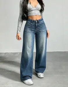 Women's Casual Tapered Denim Jeans Long Pants with Cat's Whiskers Detail and Slight Stretch Fabric