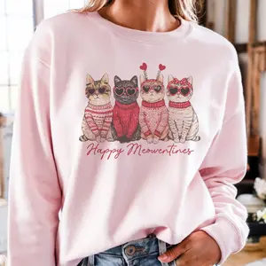 Valentines Meowentines Cat Sweatshirt Kitten Heart Happy Meowentine Graphic Pullover Womens Casual Crewneck Sublimation Print