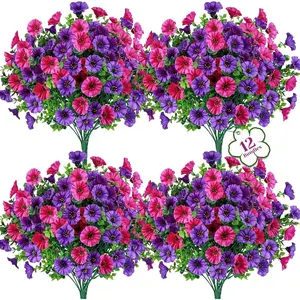 12 Bundles Artificial Petunias  for Outdoors UV Resistant Spring Fake Morning Glory  with Trumpet Blooms for Window Box Planter Filler Porch Patio Fence  Garden  flowers Decor