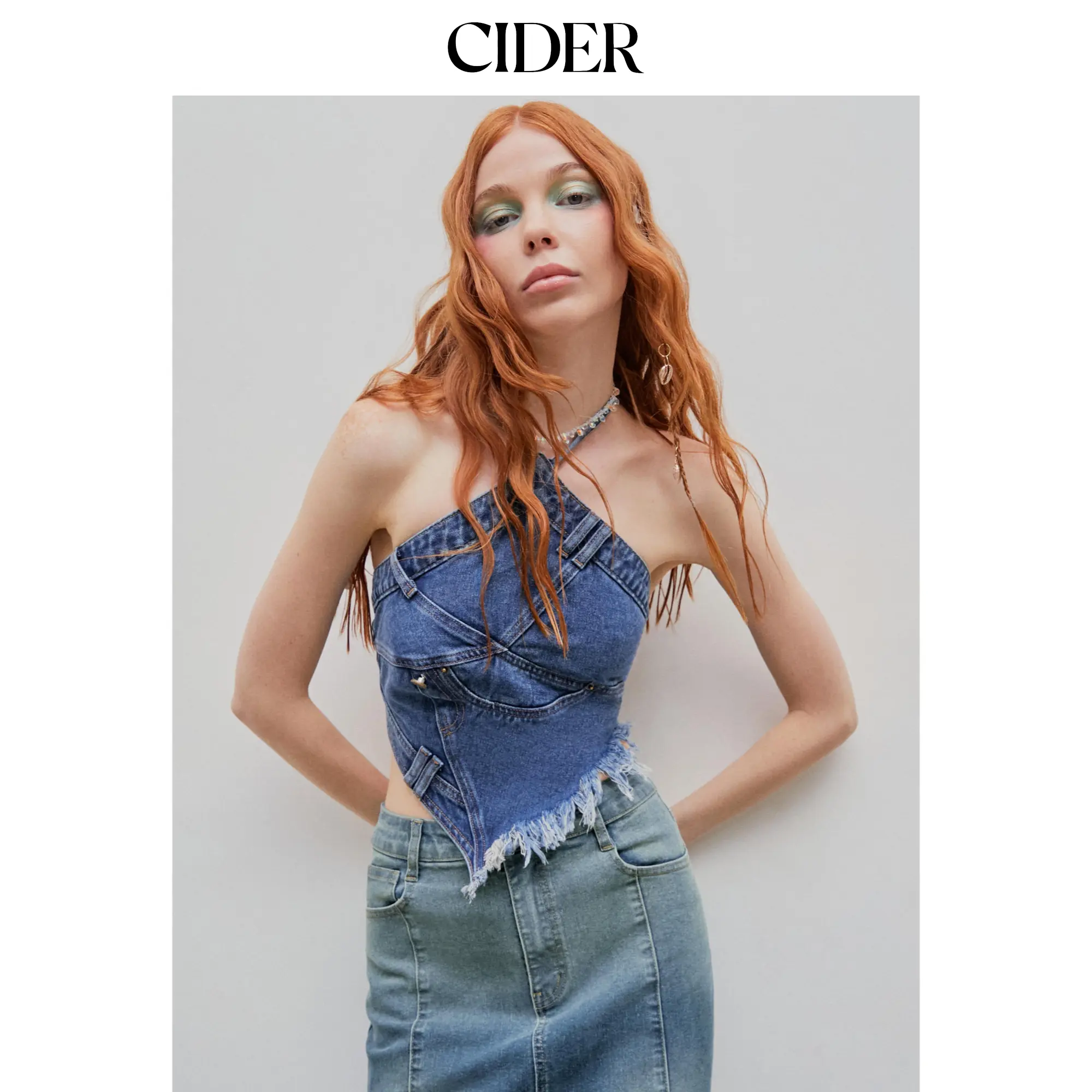 Cider Women's Sleeveless Fitted Denim Halter Crop Top with Front Zipper Closure and Fringed Hem Detail, Halter Sleeveless, Short