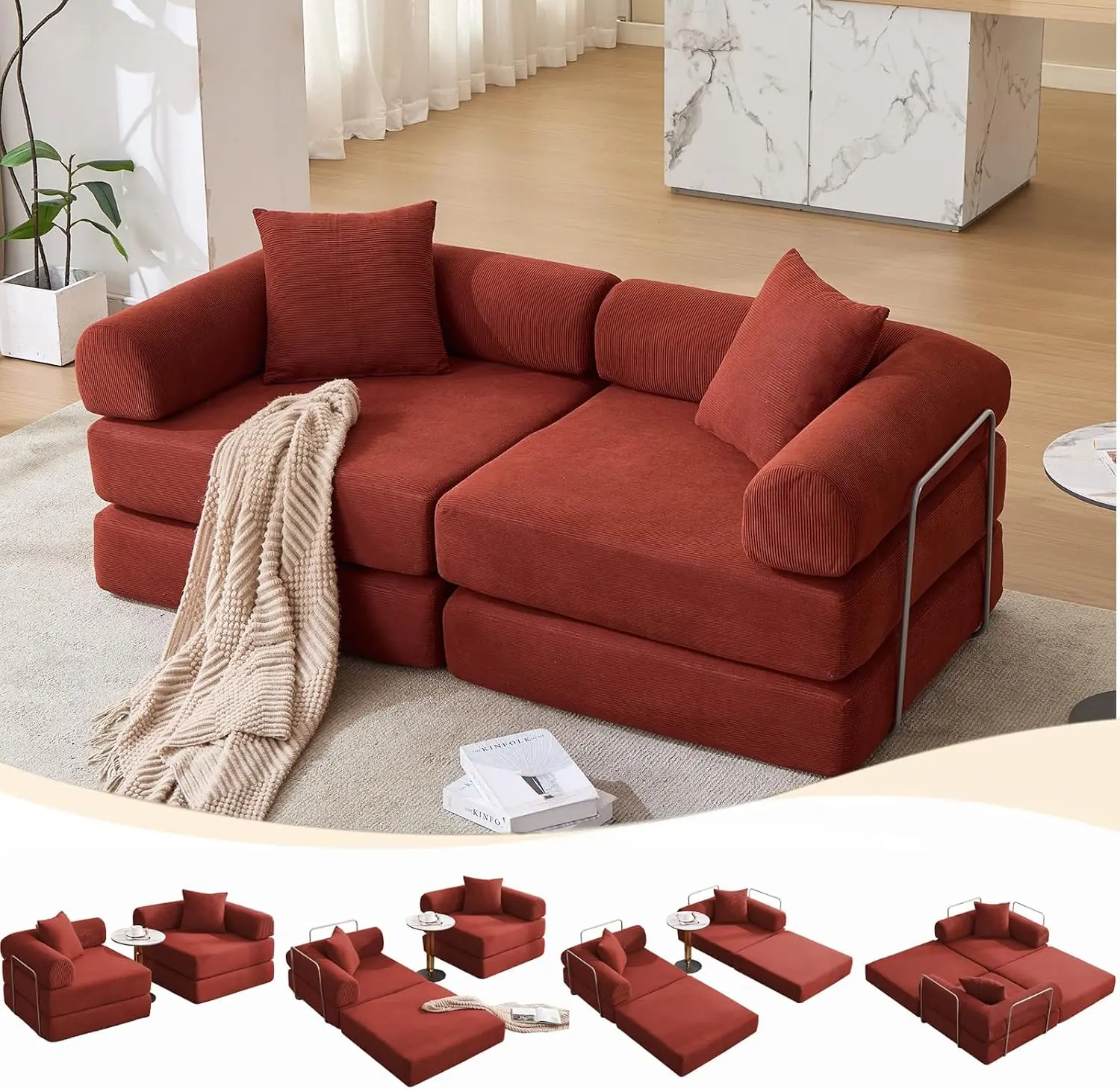 73" Convertible Modular Folding Sofa Bed, 5-in-1 DIY Combination Fold Out Sleeper Sofa Bed, Loveseat sleeper Couch with Removable Armrests, Corduroy Floor Couch, Small couches for small spaces, Red