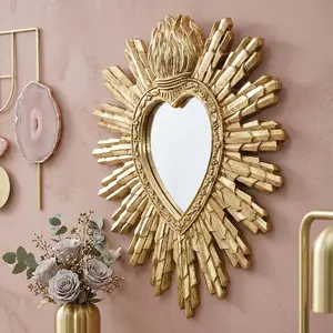 Vintage Gold Sun Heart Wall Mirror, Resin Material, Radiant Sun Frame, Flame Embossing, Religious Art Decor, Home & Party Decoration