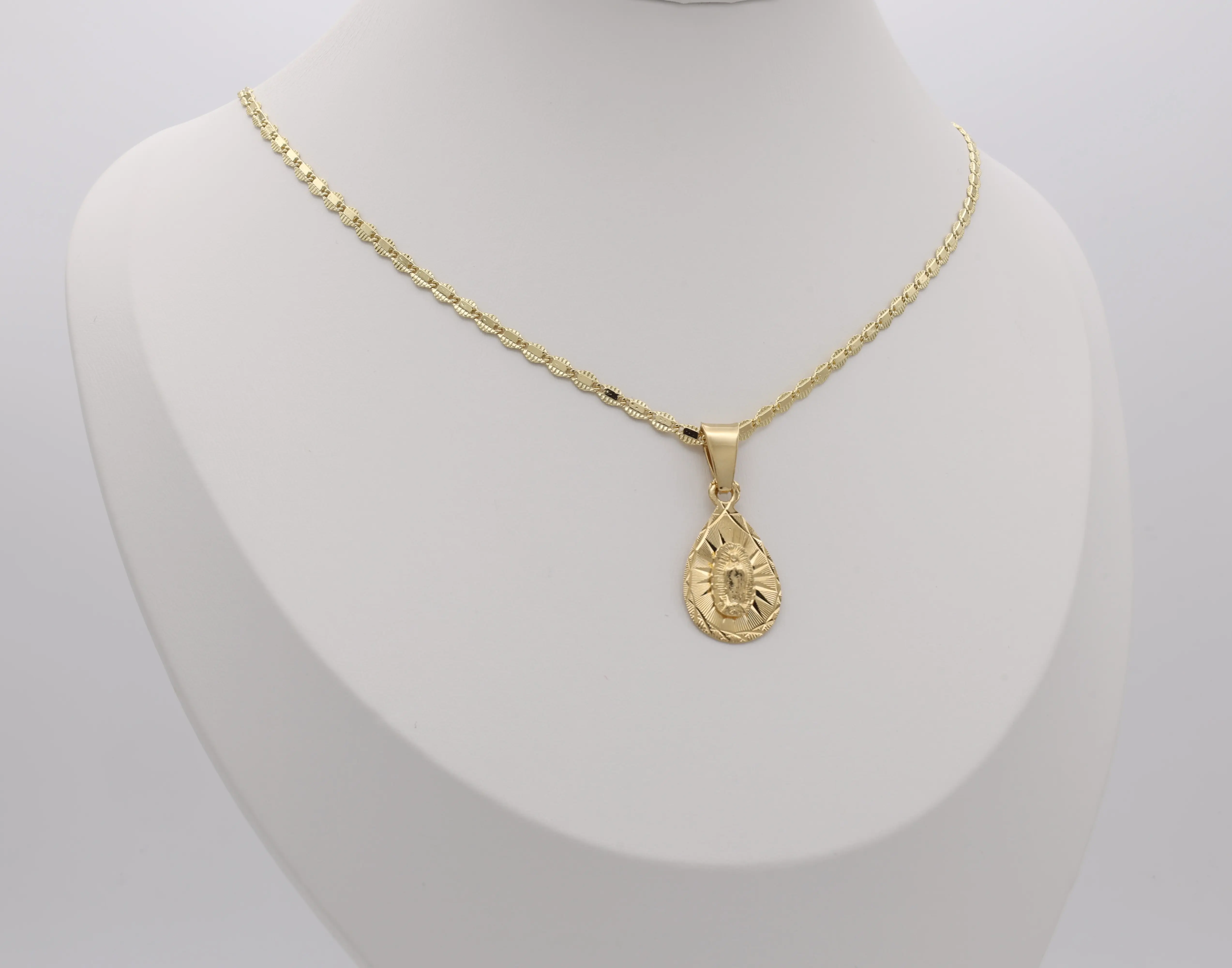 Gold Oval Guadalupe Necklace with Virgin Mary Pendant and 2mm Fancy Chain, 14k Plated Gold