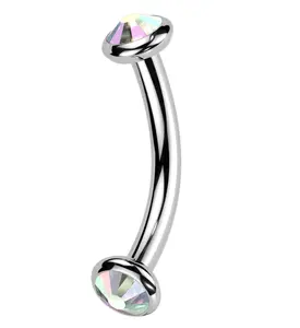 Double Bezel Rainbow Aurora CZ Internally Threaded Titanium Curved Barbell
