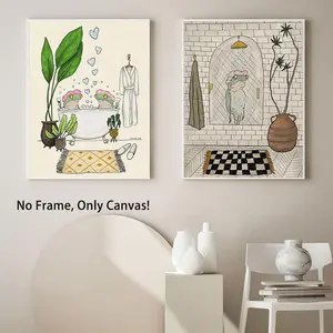 Cartoon Frog & Bathroom Pattern Unframed Painting Print, 2 Counts/set Modern Canvas Wall Art, Wall Decor for Home Living Room Bedroom