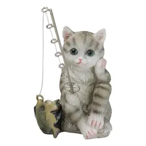 Lifelike Grey Tabby Cat Sitting by Pail of Fishes And Pole Fishing Figurine