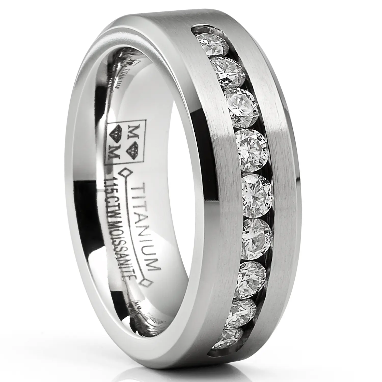 1.15 Carats Moissanite Mens Ring Wedding Band 9 Large Channel-Set 8MM