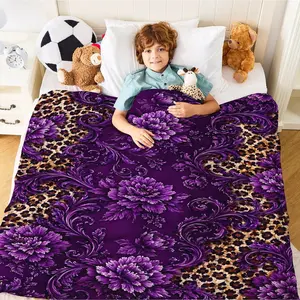 Purple Leopard Print Floral Themed Printed Flannel Blanket, Light and Fluffy, Does Not Pill for A Long Time, Fits Snugly Without Pressure, Suitable for All Seasons, Light Luxury Retro Style Home Leisure Decoration Cover Blanket.