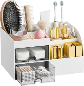 Makeup Organizer with 2 Drawers, Makeup Organizers Countertop for Vanity and Bathroom, Make up Organization and Skincare Storage with Brush Holder, for Dresser, Desktop, Cosmetic Display Case (White) fanado
