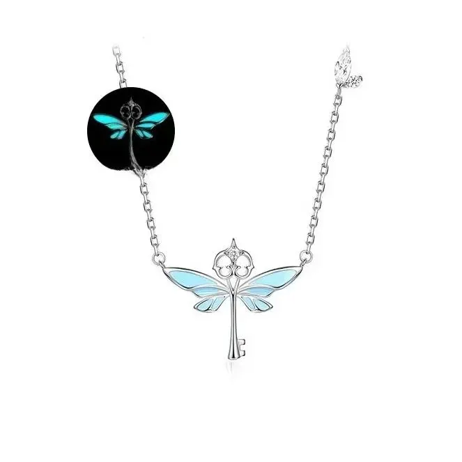 Women's Flying Key Artificial Gemstone Necklace - Magical Look, Enamel Glow Design, Metal Chain, Whimsical Wear Jewelry Accessory (A10152-XL)