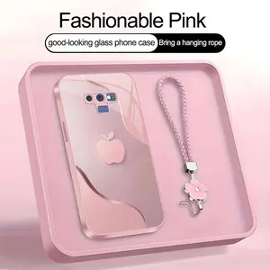 Luxury Faux Brushed Metal Texture Phone Case with Flower Lanyard | Glossy Glass Feel 2D Printed Cover | for [Galaxy Note9] 952