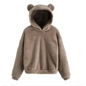 Cute Bear Eared Hoodie with Long Sleeves Soft Warm Wool Home Clothes for Men Women Beige Khaki Plain Menswear Tops Casual Sweatshirts