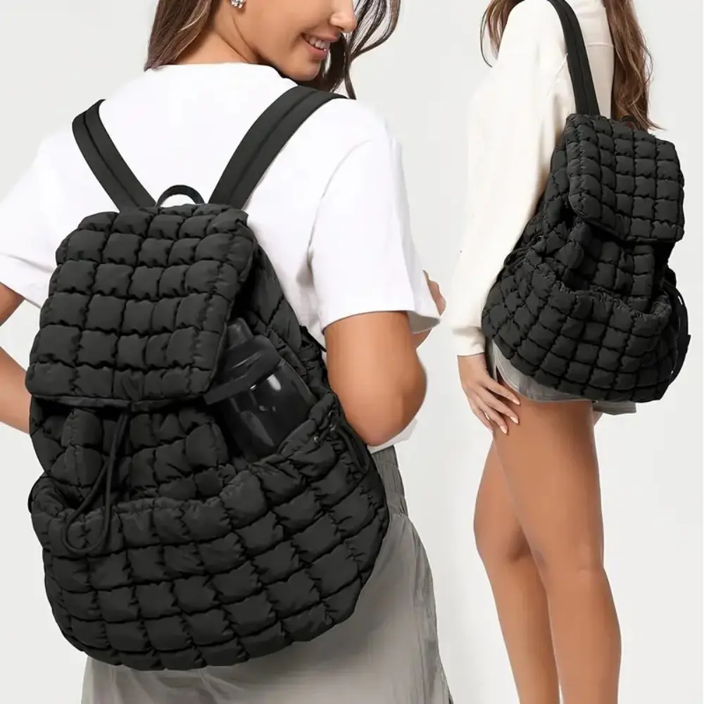 Female Quilted Puffer Backpack - 1pc 18L High-Capacity Lightweight Casual Bag with Flap Top, Adjustable Shoulder Straps, Drawstring Closure, Padded Design for Travel, Gym, Quilted Backpack, Puffer Material