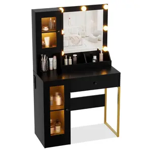 Garvee 33.4" x 55" x 15.5" Vanity Desk with Mirror and Adjustable Lighting, Makeup Vanity with Built-in Charging Station, Drawer Storage, and Three Lighting Modes, Black Hemp Finish, Ideal for Bedroom Dressing
