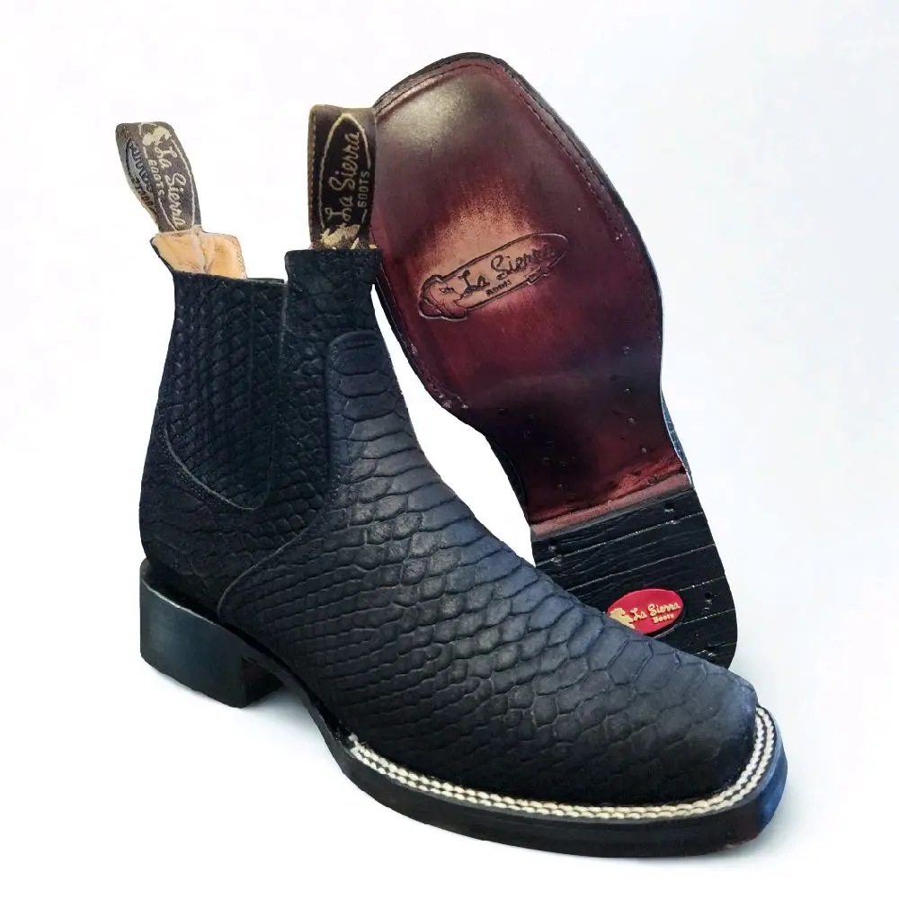 Black Python Print Cowboy Square Toe Ankle Boots
