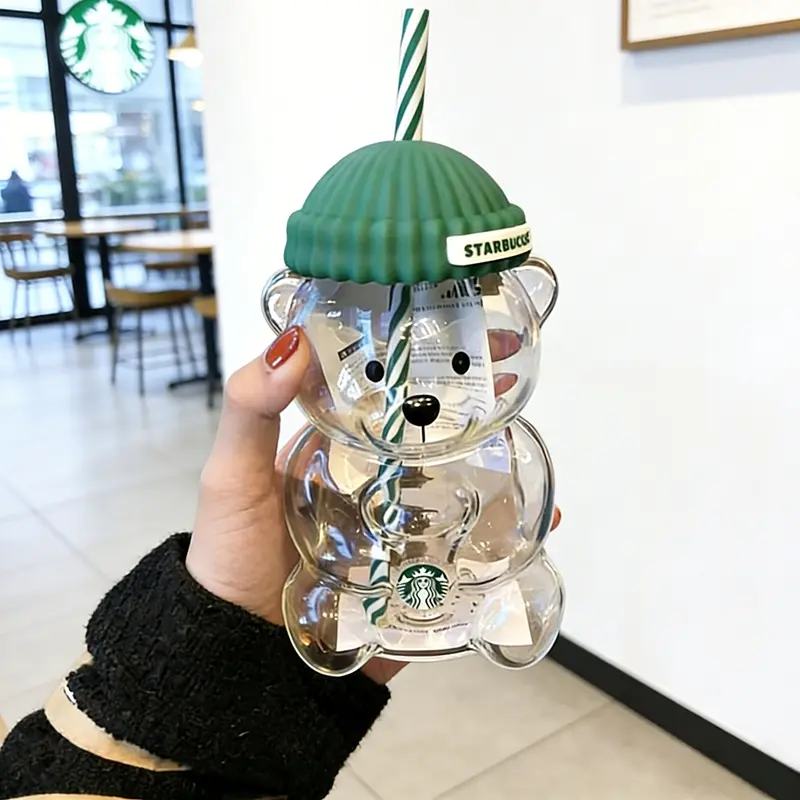 Starbucks Bear Glass Cup with Lid & Straw Jar Cold Cup Tumbler - NEW  LIMITED EDITION Mug with Green Beanie-Shaped Lid, Ideal for Coffee, juice, Beer, Wine & Cocktails - TikTok Shop