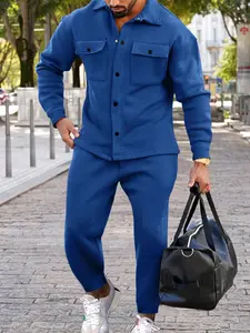 Men's solid color two-piece set with a suede collar and cuffs, a hooded jacket with a zipper front and multiple pockets, and drawstring sweatpants, comfortable and warm for autumn, casual daily wear, men's clothing, men's wear, well-fitting.