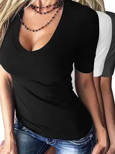 Women's Plain Deep V Neck Tee, Casual Short Sleeve T-Shirt for Summer, Ladies Clothes for Daily Wear