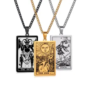 Stainless Steel 25 Tarot Card Pendant Vintage Fashion Men's Square Card Titanium Steel Necklace Jewelry Gold Plated Cuban Chain Cross My Little Star Book American Flag Sunflower Bear Gift Set Initial