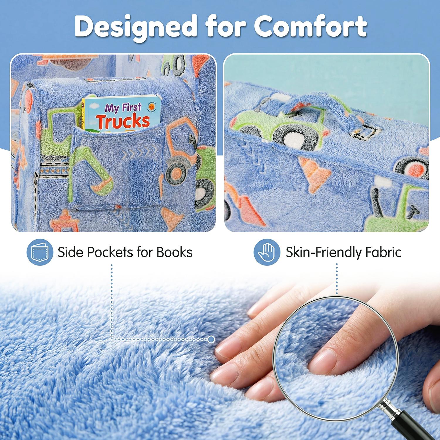 Kids Couch, Comfy 2-6 Years Old,, Toddler Couch Sofa, Kid Sofa  for Boys and Girls Gifts, Kids Recliner, Cartoon pattern of blue engineering vehicle