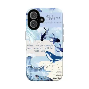 Psalms 46:5 Ocean Deep Sea Whale Fish Turtle Faith Collage Tough Phone Case for iPhone 11, 12, 13, 14, 15, 16, 17 Pro Max Plus Shockproof Indie Aesthetic Coastal Waves Cover
