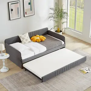 Twin Daybed with Trundle Bed, Upholstered Daybed Frame, Twin Sofa Bed for Bedroom,Trundle Couch & Twin Bed with Pull Out Bed Underneath for Living Room, Grey Fabric