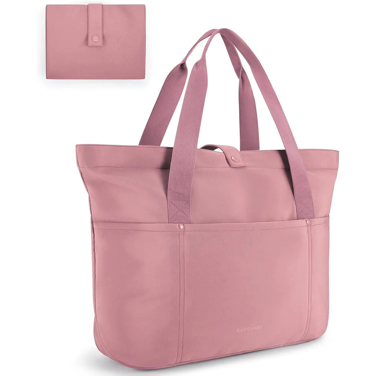 Tote Bag for Women, Foldable Tote Bag With Zipper Large Shoulder Bag Top Handle Handbag for Travel, Work, Dark Pink
