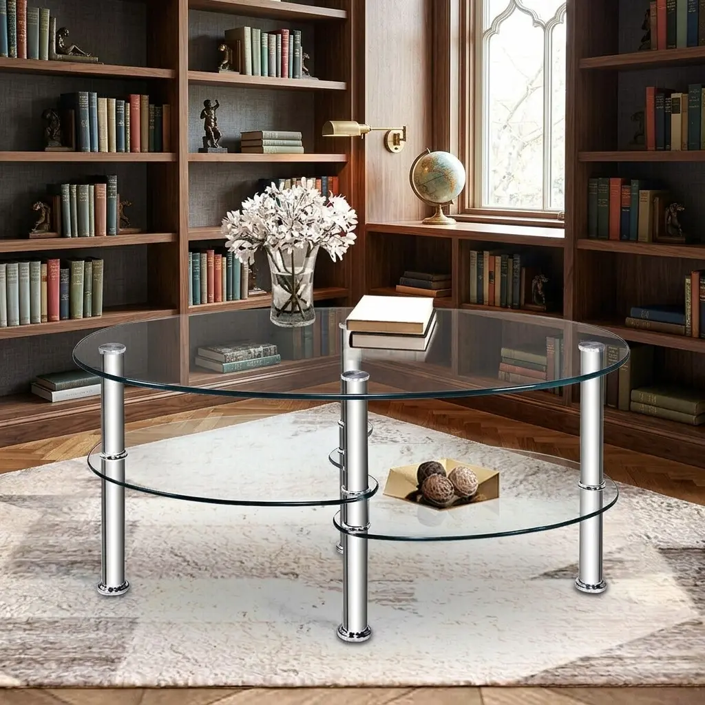 Minimal Chic Irregular Tempered Glass Coffee Table - Silver Metal Frame, 2-Tier Storage Shelf, 90 lbs Tabletop, Each Bottom Shelf 45 lbs, Assembly Required, Modern Accent Table for Living Room, Household Leisure Use, Coffee Tables, Modern Irregular Shape