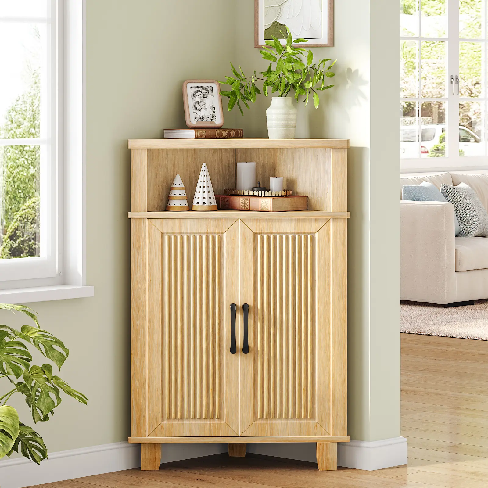 HOOBRO Small Corner Cabinet, Side Storage Organizer with 1 Adjustable Shelf, Standing Corner Cabinet with 1 Open Compartment, for Living Room, Bathroom, and Dining Room, Natural #SummerVibes