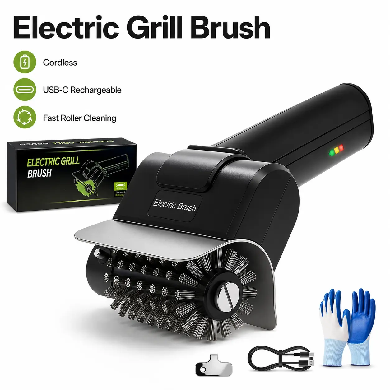 2026 Newly Upgraded Cordless USB-Rechargeable Electric BBQ Cleaning Brush, High-Torque Motor 2000mAh High-Speed Grill Tool, Thick Stainless Steel Bristles Fully Automatic Accessory for Father's Day, Dad, Husband BBQ Toolkit