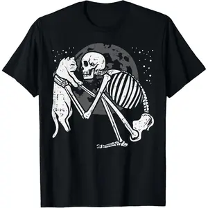 Cotton Streetwear Graphic Tees Casual Round Neck Shortsleeve Fashion Skeleton Cat Skull Kitty Cute Goth Men Women T-Shirt