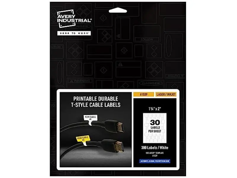 Avery AVE61539 1.25x2 in. Printable Durable T-Style Cable Labels - Adhesive, Custom-Shaped, Permanent Stickers, Adhesive Labels & Stickers, Custom-Shaped Labels & Stickers