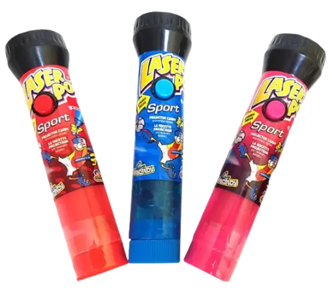 Kidsmania 3-Pack Laser Pop Candy with Light Toy 0.71 oz Sweet Lollipop Treats in Strawberry Blue Raspberry & Cherry Flavors
