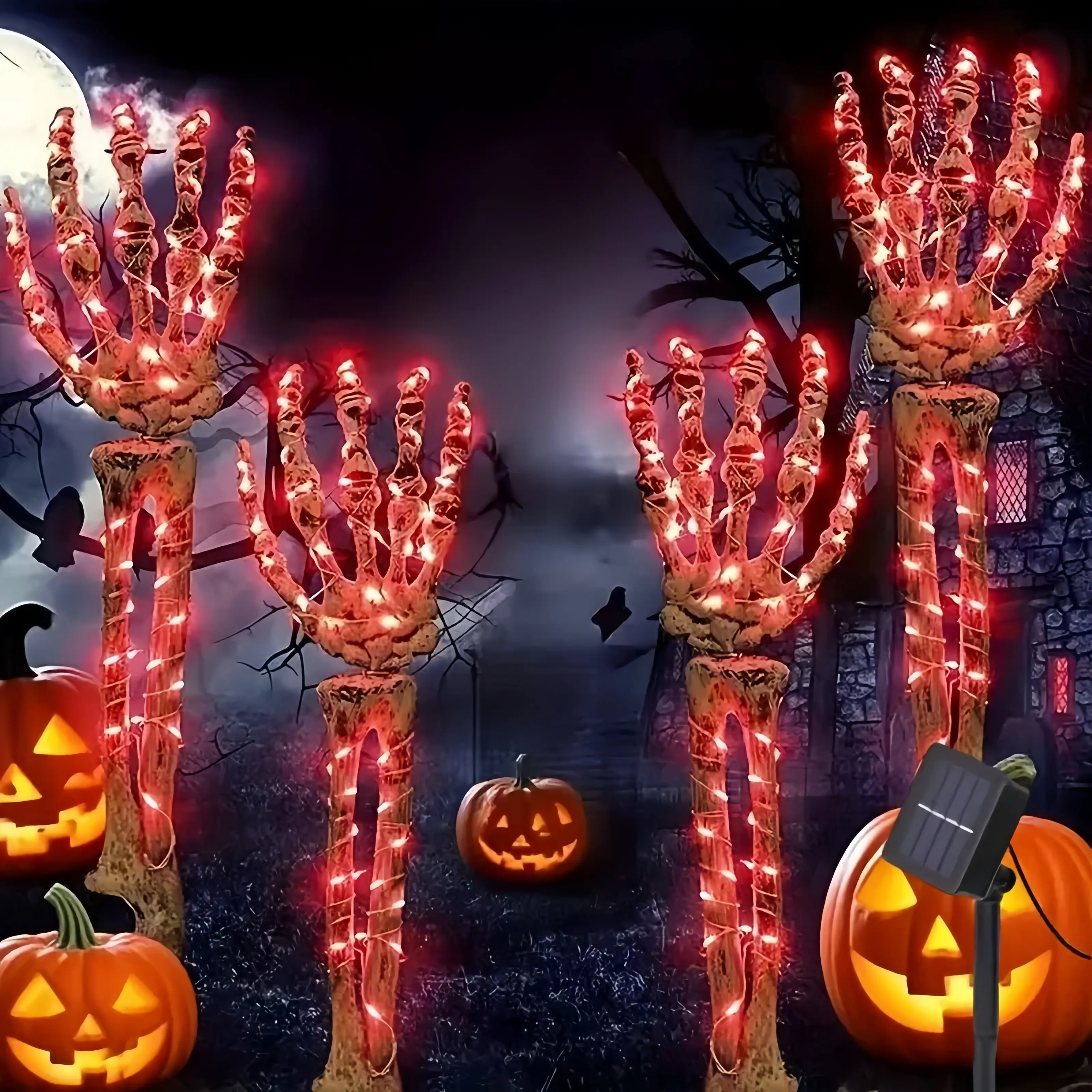 4-Piece Set,  Hand Decoration Lights, Red Glow - 8 Light Modes Outdoor Solar-Powered Skeleton Ground Spikes Terrifying Atmosphere for Courtyards, Gardens, and Pathways  Party Decorations  Decorations