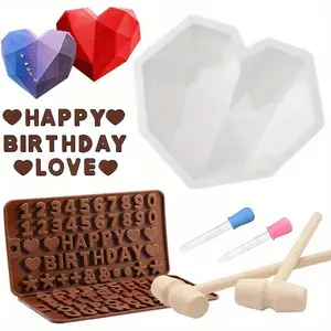 Diamond Heart Shaped Cake Mold Silicone Candy Art Chocolate Mold Alphanumeric Mold With Hammer And Dropper Multifunctional Baking Tool Reusable DIY Sugar Flipping Mold
