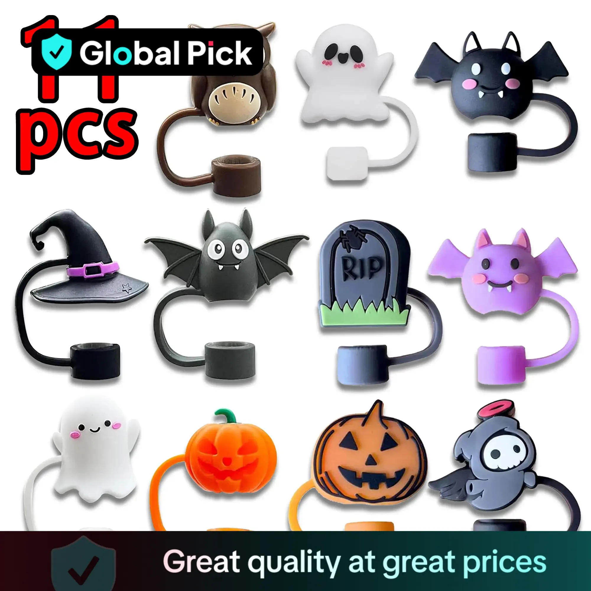 Halloween Themed Straw Set, Reusable 3D Straw Caps, Ghosts Bats Cats Witch Hats Pumpkins Designs, Party Drinkware Accessories