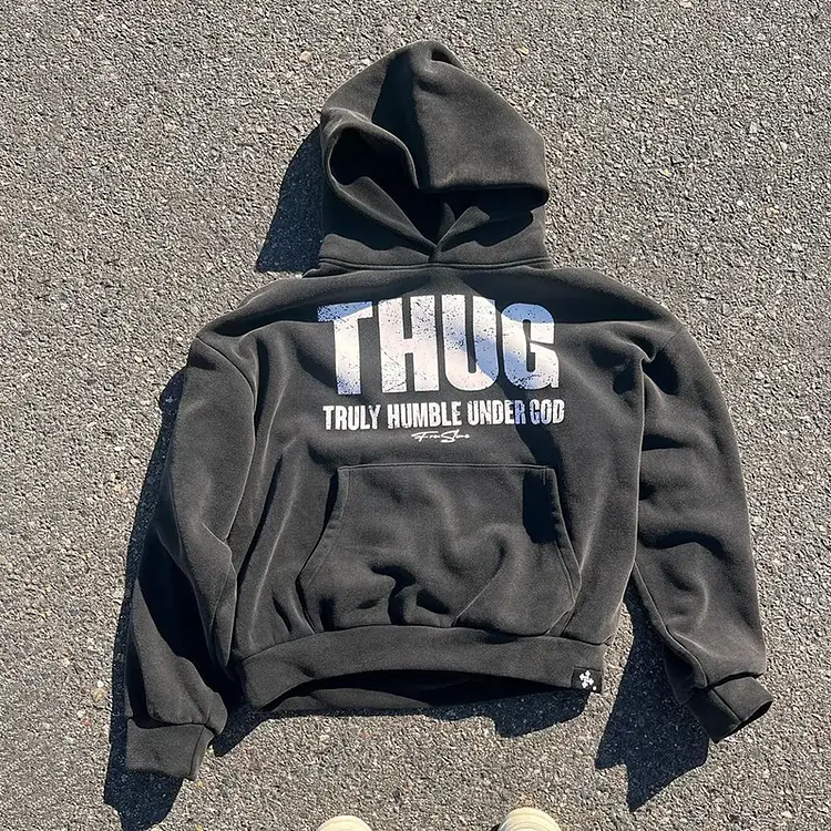Vintage Thug Truly Humble Under God Graphic Print Side Pockets Hoodie Unisex causual oversized acid wash tops hoodie pullover - Athletic & Warm, Long sleeve Relaxed fit sweatshirt in soft material