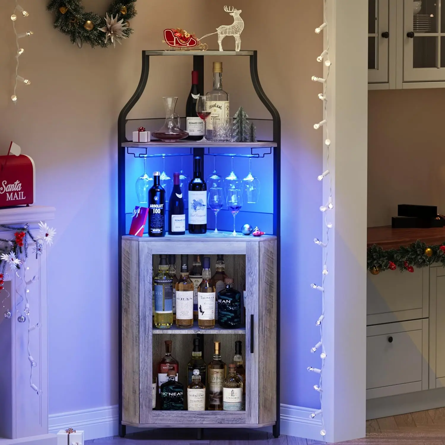 Corner Bar Cabinet, 61" Farmhouse Wine Rack with LED Light, Detachable 5-Tier Industrial Cabinet with Glass Holder & Adjustable Shelves-Grey