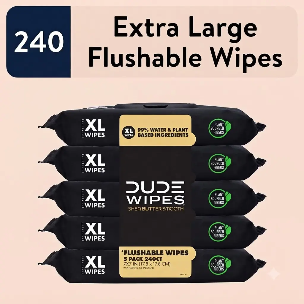 DUDE Flushable Wipes Extra Large Shea BUTTer Smooth Wet Wipes 240 Count Unscented Septic Safe Wipes For Bathroom