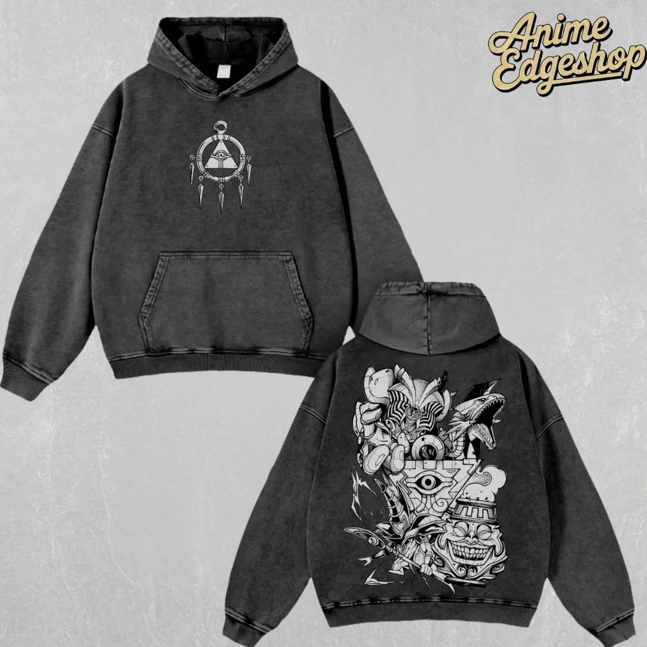 Retro Vintage Millennium Eye Vintage Oversized Washed Hoodie , Yu-Gi-Oh Anime Streetwear Outfits, Heavyweight Cotton Unisex Top, Gift For Him & Her Manga Lover Menswear, Halloween gift  Q0K