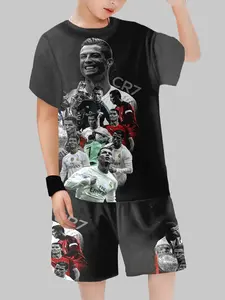 Cr7 Life Highlights Background! Cr7 Honor Collection Boy Short Sleeve Set, Fan Memorial Two-Piece, Casual Cartoon Style Athletic