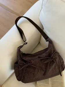 Vintage Plaid Drawstring Bow Messenger Bag, Casual Single Shoulder Handbag, Lightweight Crossbody Bag, Crossbody Tote Bag, All Seasons Fashion Accessory