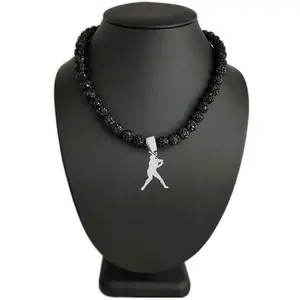 Iced Bling Disco Ball Rhinestone Crystal Bead Baseball Necklace Black Out + Player Swing Pendant