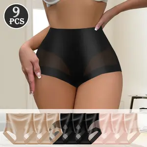 QUASTI 9 Pieces Mid-Rise Sexy Translucent Contrast Women's Thongs, Hip Lifting Elastic Sexy Fit Ladies Briefs, Smooth Ice Silk Soft and Comfortable Material Underwear, Mix Colors Fashion Aesthetics Panties,S-XXL,Suitable For Daily Wear
