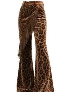 Fashion Leopard Print Flared Pants, Tassel Design, Retro Style, Daily Wear, Vintage Personality, Women's Casual Leggings, Boho Fashion Trousers