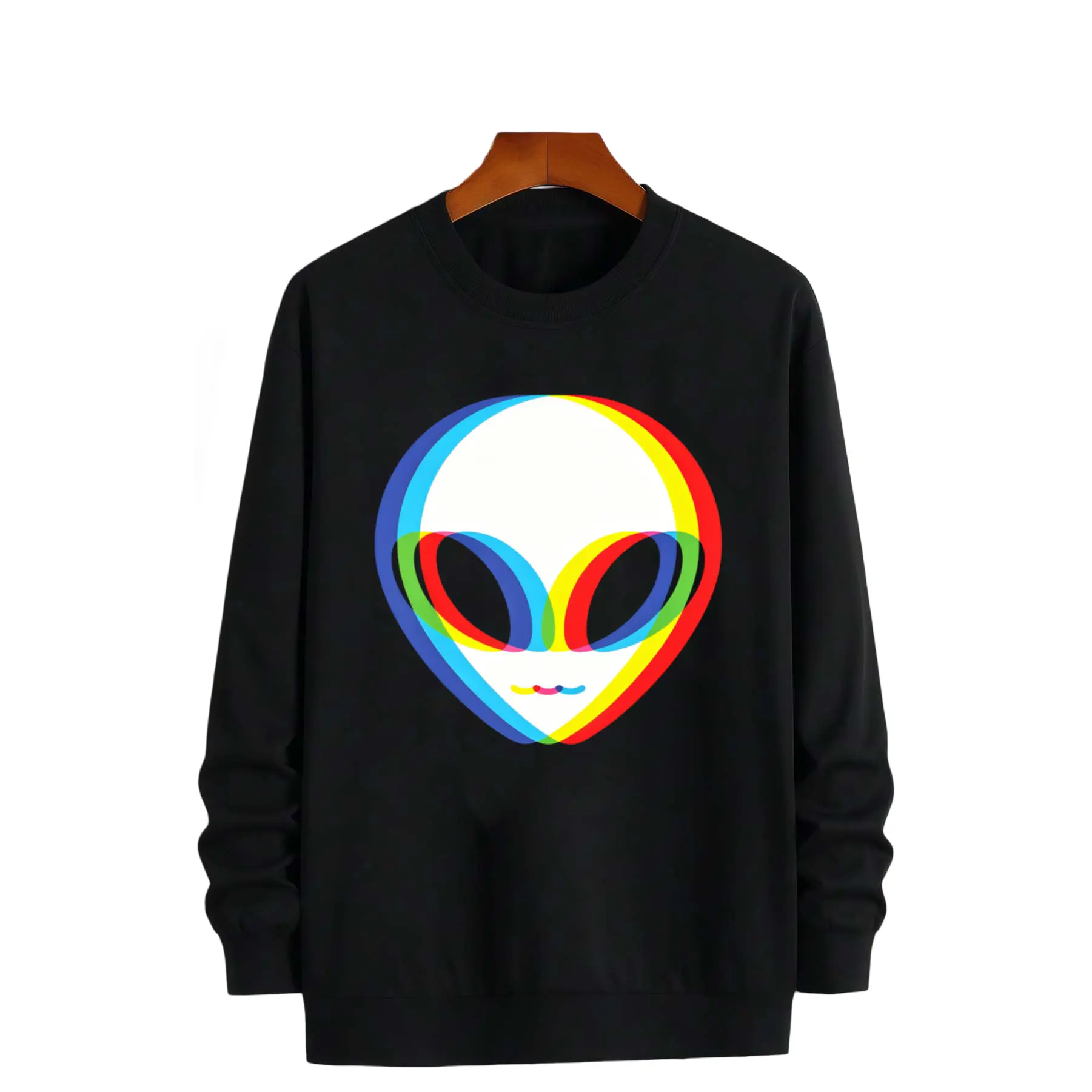 Unisex Long Sleeve Sweatshirt with Retro Alien Head and UFO Graphic – Soft, Breathable Fabric Featuring Rainbow Alien Face, Perfect for Halloween, Christmas Gifts, and Everyday Casual Wear Hoodie Prints